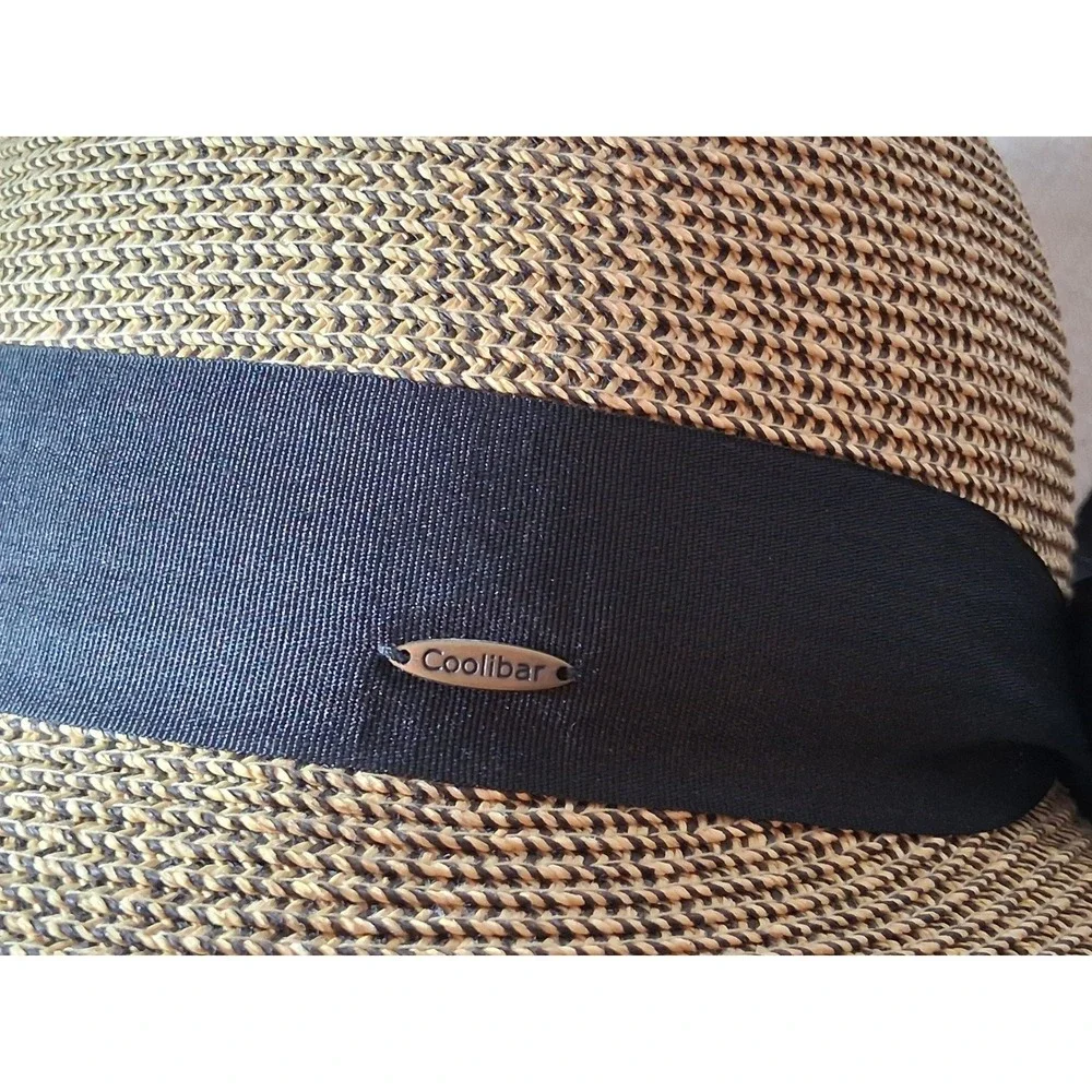 Coolibar Asymmetrical Clara Sun Hat UPF 50+ Straw Bow Ribbon Tan Black 02377